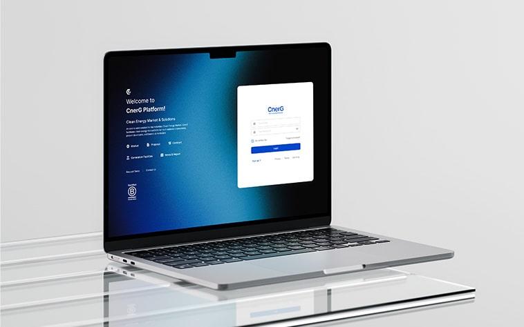 CnerG’s digital platform on a laptop screen, showcasing tools for clean energy and carbon management.