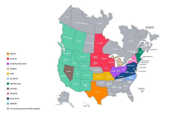 Color-coded map of the United States and Canada showing the major REC tracking systems by region, including ERCOT, PJM-GATS, NEPOOL-GIS, and others.