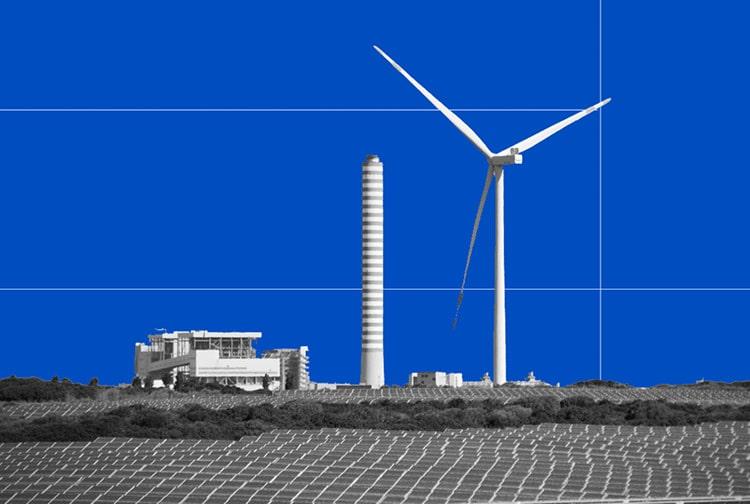 Wind turbine and solar panels in front of a power facility, representing renewable energy generation verified by I-REC issuers.