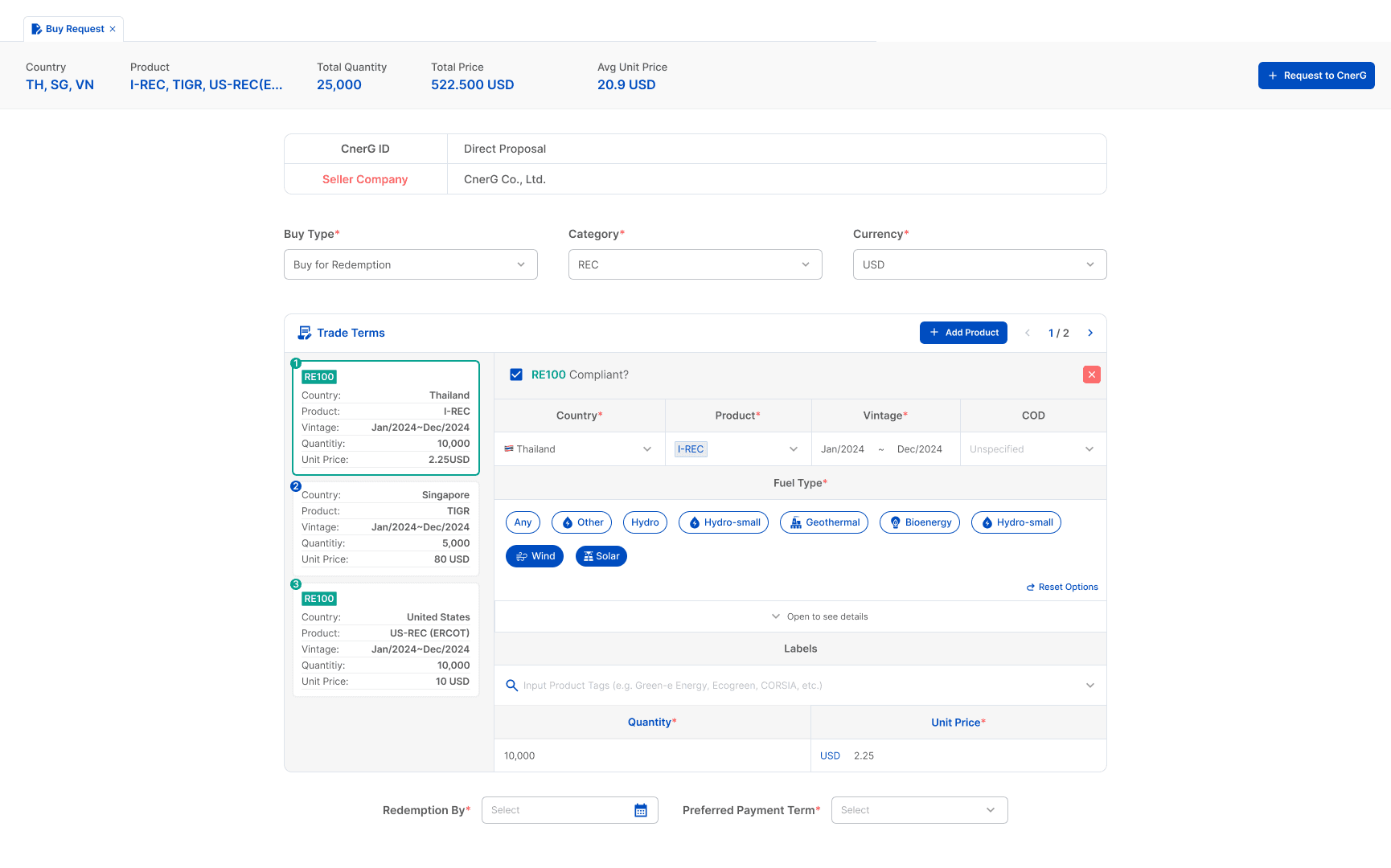 CnerG platform displaying a bulk order request form for multiple countries, including trade terms, product types, vintage selection, fuel types, and pricing details