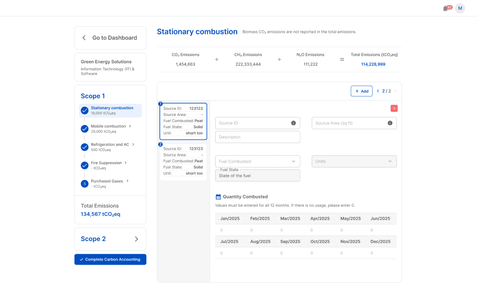 CnerG Carbon Accounting dashboard displaying stationary combustion emissions data, with input fields for tracking Scope 1 emissions over time.