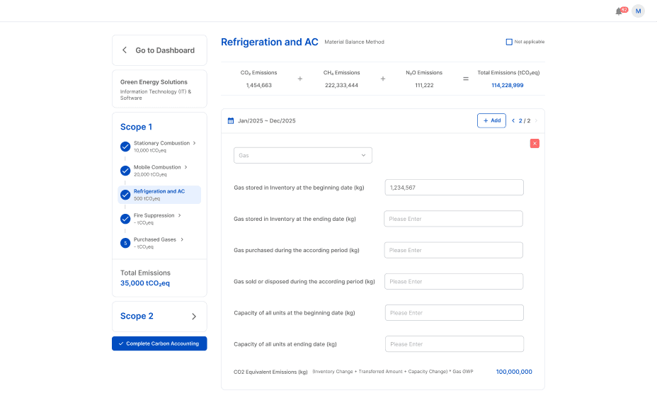 CnerG Carbon Accounting dashboard displaying refrigeration and AC emissions data, with input fields to track Scope 1 emissions.