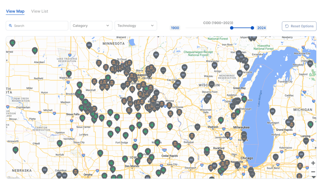 CnerG interactive Generation Facilities Map displaying renewable energy sites across the globe.