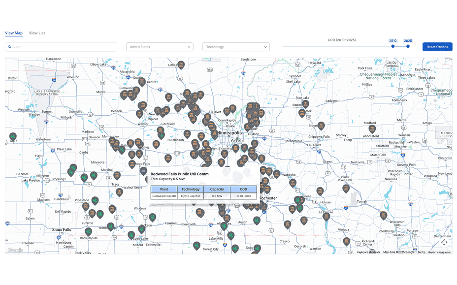 CnerG interactive Generation Facilities Map with filtering options displaying renewable energy sites worldwide.